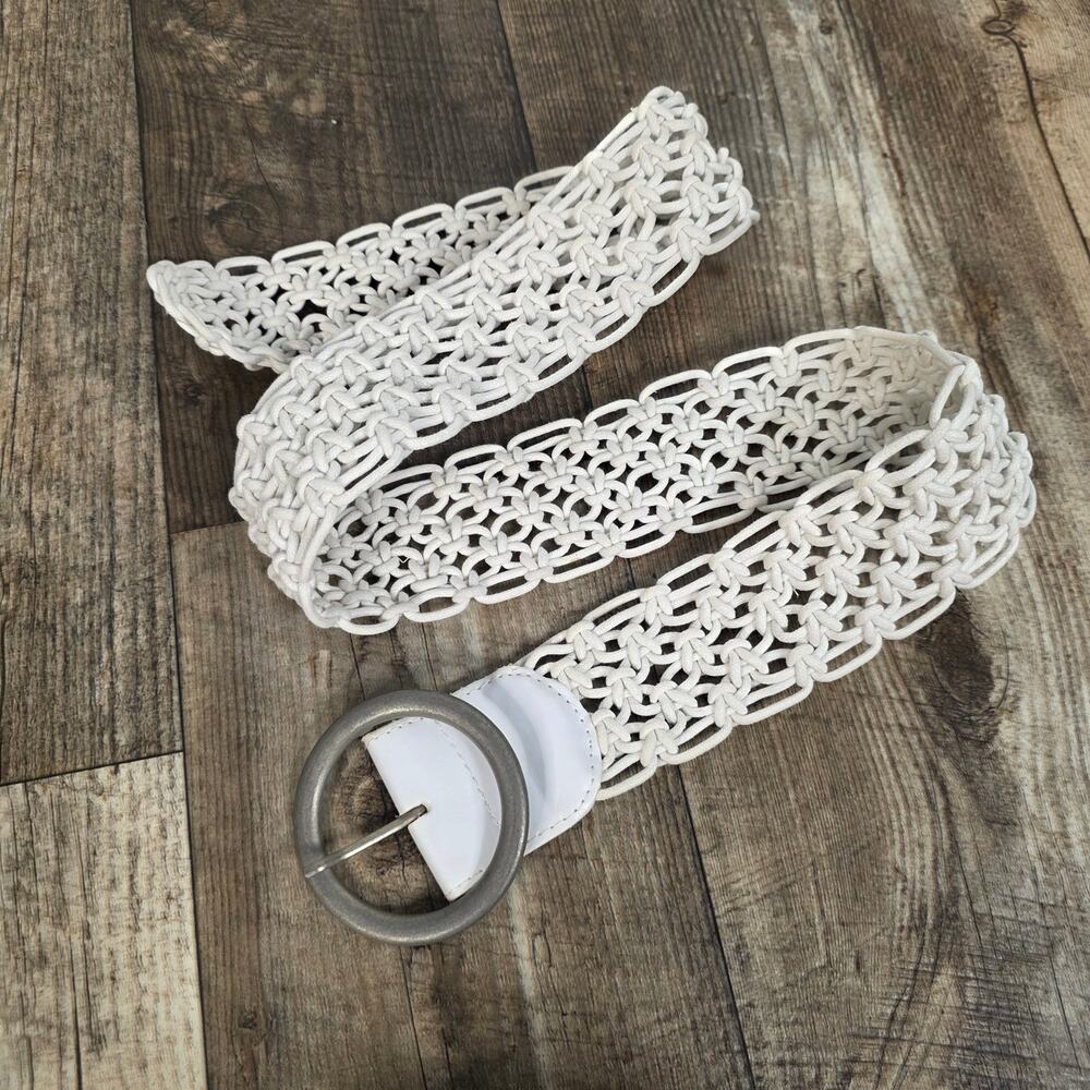Vintage Woven Stretch Belt Large Silver Round Buckle Boho Coastal
